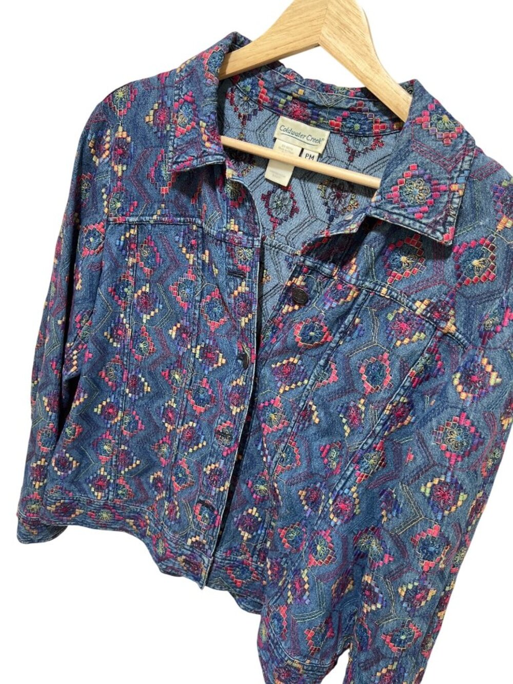Coldwater Creek Embroidered Denim Jacket Southwestern Aztec Geometric Pattern PM